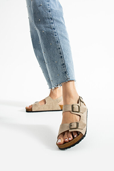 Getcho Holm Bej Çift Tokalı Rahat Günlük Kadın Sandalet Ortopedik Yazlık Terlik