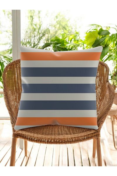 ASDİVA Smr Horizontal Striped Throw Pillow – Orange Blue Pattern on White Background 43X43