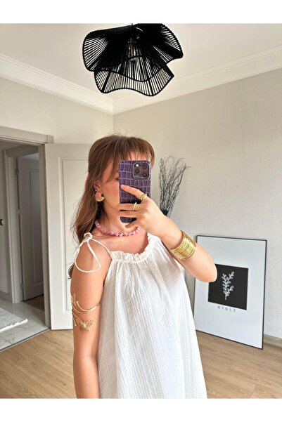 BAŞARAN Μακρύ φόρεμα Seersucker με λουράκι με κορδόνια εκρού