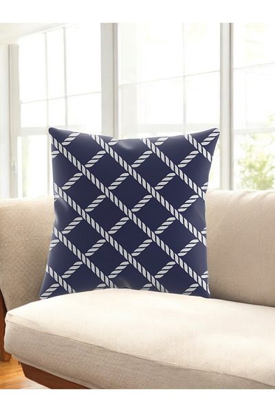 ASDİVA Smr Ship Rope Patterned Modern Throw Pillow Decorative Cushion Blue White Color 43X43
