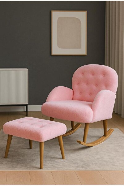 ZİERRA Düğmeli Sallanan Ahşap Ayaklı Pembe Berjer Koltuk - Puf Hediyeli