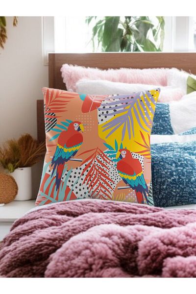 ASDİVA Smr Tropical Bird Patterned Throw Pillow – Soft Colored Parrot Decorative Throw Pillow 43X43