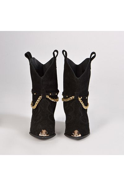 Vanilla Days Bushra Black Suede Boots with Gold Accessories