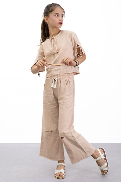 Cansın Mini Beige Halter T-Shirt and Girl's Pants 2 Piece Set 21187