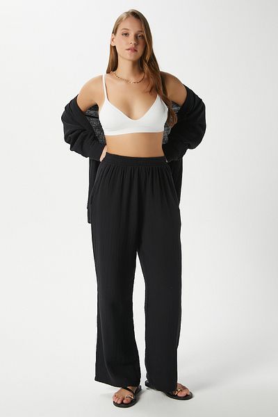Ritnice Women's Maja 100% Cotton Muslin Black Trousers with Elastic Waist
