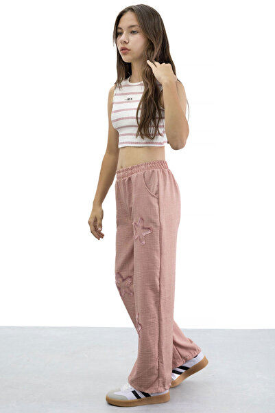 Cansın Mini Somon Yıldız Nakışlı Geniş Paça Rahat Kumaş Kız Çocuk Pantolon 21185