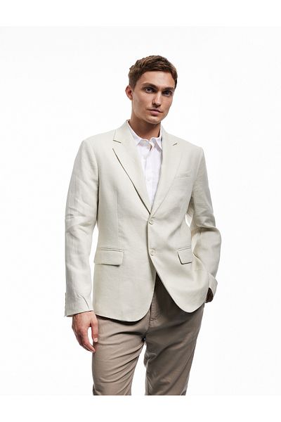 Koton Mono Collar Linen Blazer Jacket with Buttoned Flap Pocket Detail