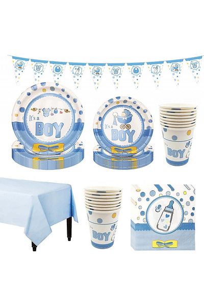 Amycute baptism tableware set, cardboard, white/blue/yellow, 42 pieces