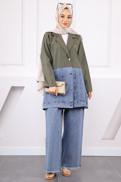 İmajButik Khaki Denim Garnished Jacket Pants Suit