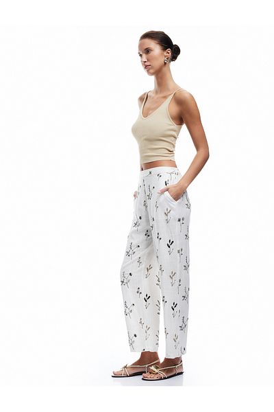 Koton Viscose Fabric Plain Wide Leg Scalloped Embroidered Floral Trousers