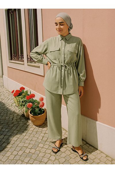 Refka Waist-Tied Modal Tunic Trousers Double Set - Cream- Refka