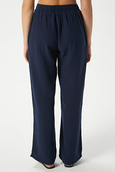 Ritnice Women's Maja 100% Cotton Muslin Navy Blue Trousers with Elastic Waist