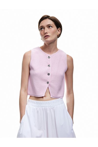 Koton Buttoned Sleeveless Textured Crew Neck Striped Knitwear Vest