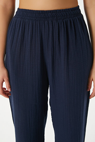 Ritnice Women's Maja 100% Cotton Muslin Navy Blue Trousers with Elastic Waist