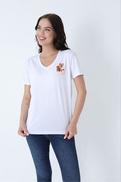 Hukateks White Dog Print Detailed Short Sleeve 100% Cotton t Shirt