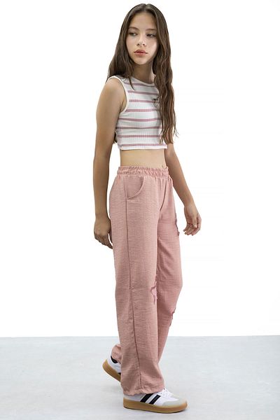 Cansın Mini Salmon Star Embroidered Wide Leg Comfortable Fabric Girls' Trousers 21185