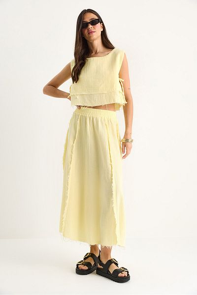 Bianco Lucci Women's Elastic Waist Skirt with Side Tie Detail Crop Muslin Bottom-Top Set 60283236