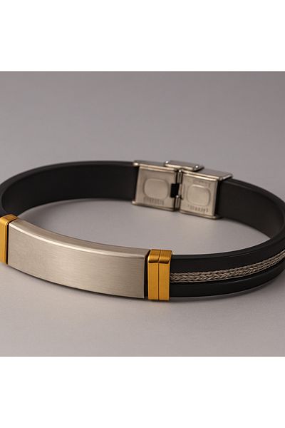 OSMANLI GÜMÜŞ Men's Name Writable Straw Detailed Rubber Steel Bracelet Imprint