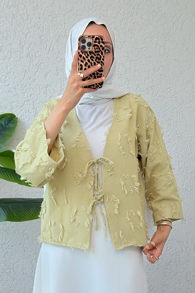 Salih Çelebi Patch Ripped Detailed Kimono 2330 - Light Khaki