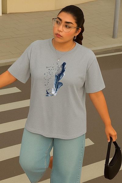 BENROMA 1 T-Shirt Gift for Purchases of 6 or More in Cart - Large Size Blue Feather Printed Unisex T-Shirt