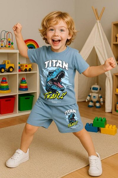 LİLLYPİCCA Boy's Titan Dinosaur Printed Crew Neck Shorts Suit