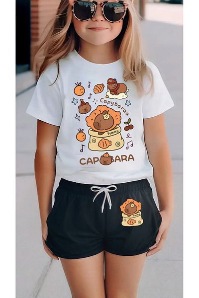 LUNAVISTA Cute capybara Printed black cotton t-shirt and shorts set for girls and boys