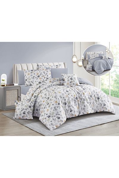 Levore Livory 8-Piece Comforter Set 100% Cotton Soft Floral Reversible Double Duvet System Heavy Fill Evelyne-051