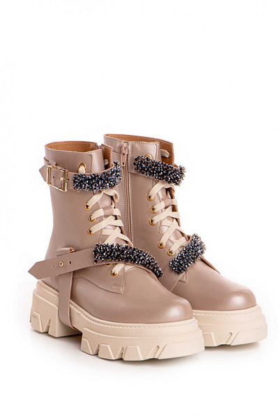 Vanilla Days Nadia boots made of nude pearlescent natural leather, with accessories