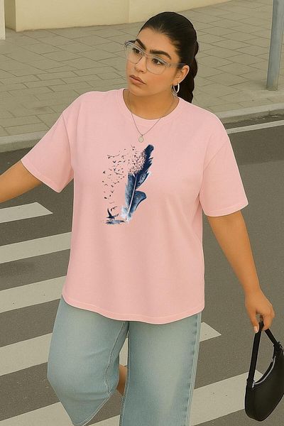 BENROMA 1 T-Shirt Gift for Purchases of 6 or More in Cart - Large Size Blue Feather Printed Unisex T-Shirt