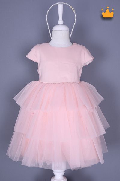 Babydola 4-8 Years Old Girl's Evening Dress with Pearl Crown Layered Tulle Skirt Eid Wedding Dress Powder 6572