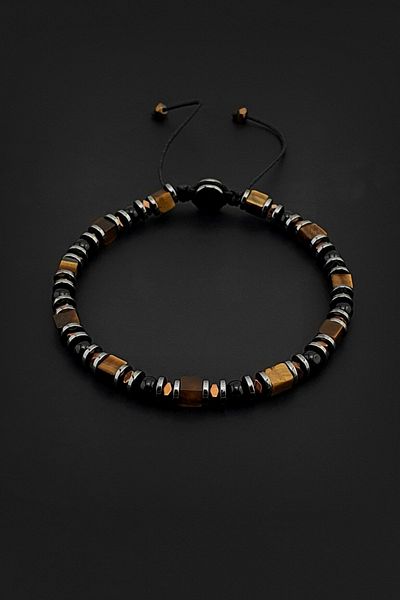 Seven Art Jewelry Natural Stone Bracelet, Cube Tiger Eye, Agate Stone and Hematite Stone Bracelet, Men's Bracelet, Women's Wrist