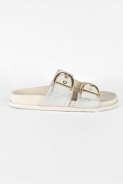 birizmoda Women's Suede Gold Buckle Double Striped Poly Sole Daily Slippers - Beige