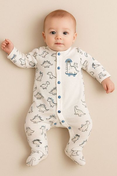 Luggi Baby Cute Dinosaur Jacquard Fabric Jumpsuit with Booties