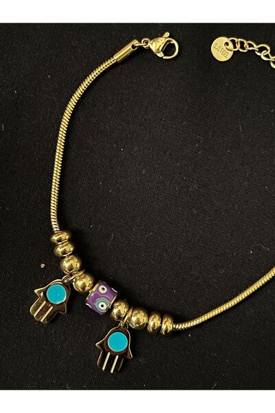 ASD TAKI سوار بانورا من الفولاذ مع خرز عين الشر وتمثال يد فاطمة