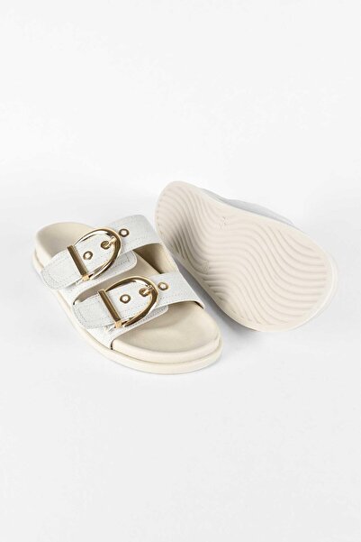 birizmoda Γυναικείες καστόρινες χρυσές αγκράφες με διπλό λουράκι Poly Sole Daily Slippers - Μπεζ