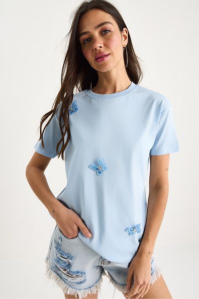 Bianco Lucci Women's Butterfly Accessory Crew Neck Cotton T-Shirt 60602071