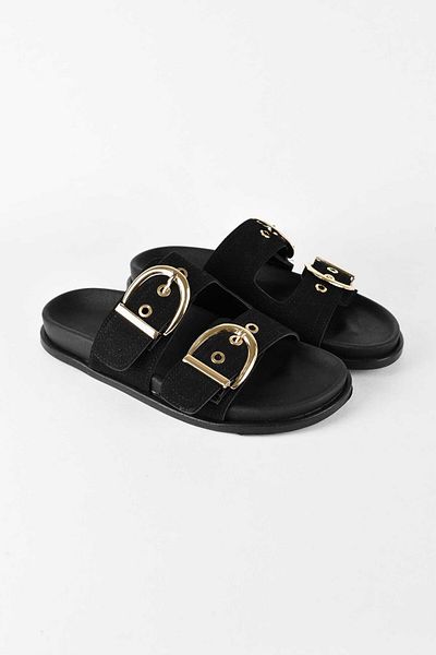 birizmoda Women's Suede Gold Buckle Double Strap Poly Sole Daily Slippers - Black