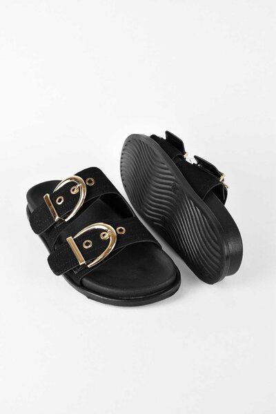 birizmoda Women's Suede Gold Buckle Double Strap Poly Sole Daily Slippers - Black