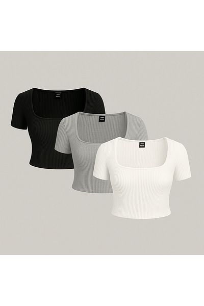 ÖZ PAMUK Women's 3 Piece Black Ribbed Cotton Knitted Square Neck Crop T-Shirt Bluz