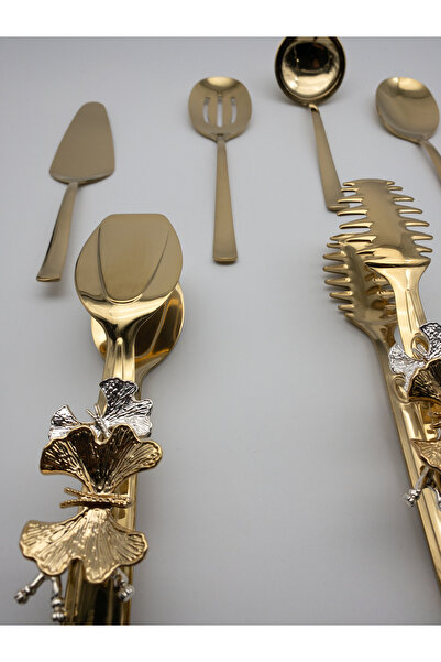 Fiyakalı Ürünler Atölyesi 8-Piece Stainless Steel Gold Colander, Ladle, Shovel, Fork, Spoon, Butterfly Tongs Serving Set, Dowry
