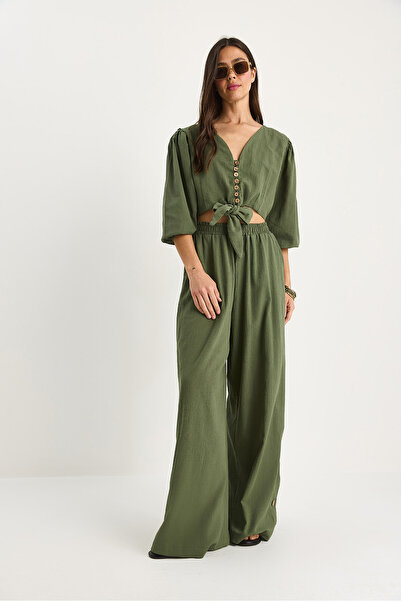 Bianco Lucci Γυναικεία λεπτομέρεια με κορδόνια μπλούζα με επένδυση με κουμπιά παντελόνι λινό κάτω-κορυφή κοστούμι 9266 60281046