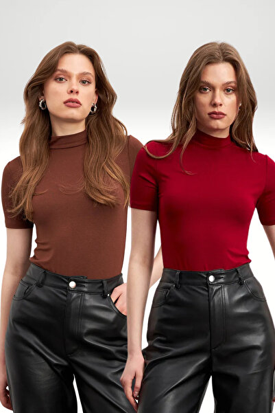 Ladima Pachet de 2 bluze cu mânecă scurtă pentru femei Bitter Brown Claret Red