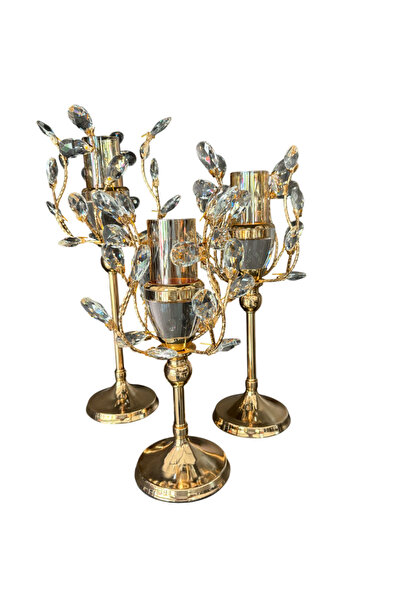 madam concept 3’lü Kristal Taşlı Altın Dekoratif Şamdan Seti | Cam Mumluk | L...