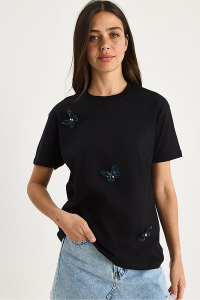 Bianco Lucci Women's Butterfly Accessory Crew Neck Cotton T-Shirt 60602071