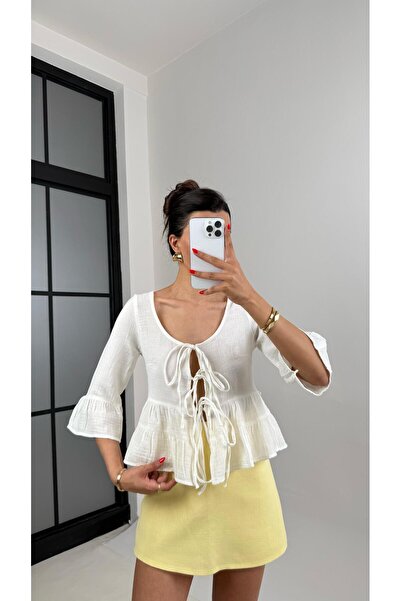 Gaus Ekru Önden Bağlamalı Müslin Bluz Gaus00520