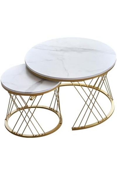 Generic Modern Faux White Marble Finish Round Nesting Coffee Table Set of 2 One Small and One Big Side Tea T