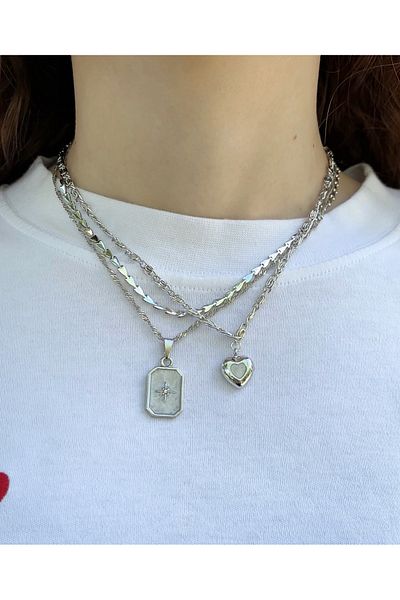 Eylülün Takısı Women's Silver Color 3 Piece Heart Chain Necklace Set