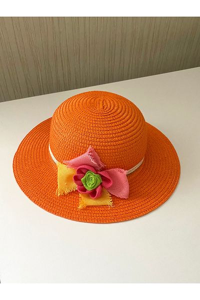 Petek Collection Straw Children's Beach Hat with Flower Accessories (3-9 Years)