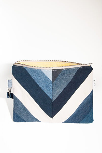 Elva Kadın V Desenli Kot Çanta | Şık Patchwork Tasarımıyla El ve Bilekte Taşınabilir Clutch Model - Elva
