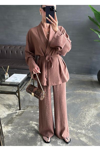 My Blog Brown Shawl Collar Kimono Pants Set - 98655